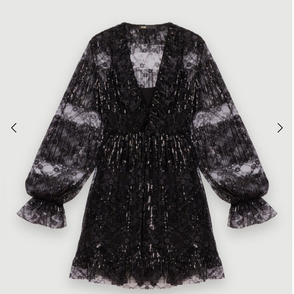 Maje Reville Black Pleated Lace Sequin Dress SZ S - Picture 2 of 15